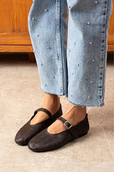 dabab shoes Lévana Women's Bitter Brown Knitted Textured Buckle Round Toe Mary Jane Ballet Flat Shoes
