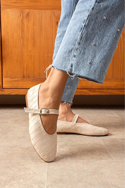 dabab shoes Lévana Women's Ecru Knitted Textured Buckle Round Toe Mary Jane Ballet Flat Shoes