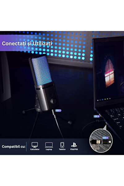 Velixo Μικρόφωνο USB M160, RGB, Σίγαση, Καρδιοειδές, Χαμηλού Θορύβου, Τρίποδο, Streaming, Gaming, Podcast, PC/PS4/PS5