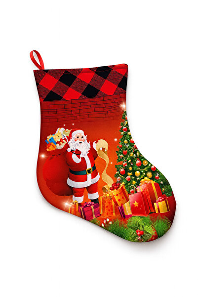 OEM Șosetă roșie de Crăciun cu Moș Crăciun, cadouri și brad – Decor de sărbăt...
