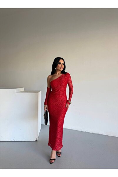 sajarsln Embossed Lace Patterned One Sleeve Detachable Full Stretch Fabric One Shoulder Strapless Maxi Length Dress