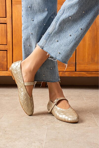 dabab shoes Lévana Women's Gold Knitted Textured Buckle Round Toe Mary Jane Ballet Flat Shoes