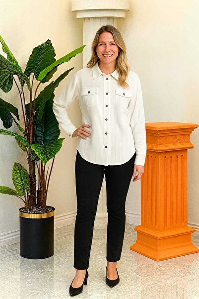 Moda Çiğdem Women's Striped White Shirt