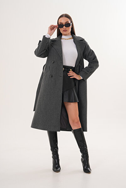 Pinpery Women's Anthracite Belted Lined Long Button Detailed Cashmere Coat