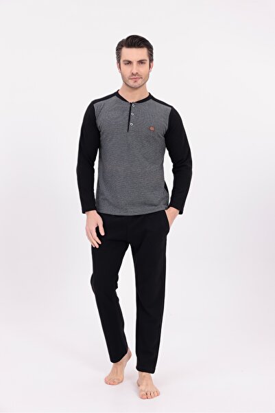 BLACKMORE Men's Anthracite Jacquard Winter Long Sleeve Cotton Men's Pajama Set