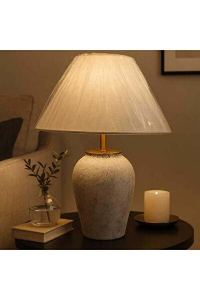 GENERAL Tarboosh Table Lamp – White Fabric Shade, Decorated Ceramic Base, E27