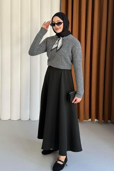 Modaensarbutik Yakası Fularlı Yumuşak Dokulu Triko Kazak-ANTRASİT