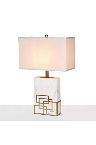 GENERAL مصباح طاولة من القماش من طربوش بقاعدة رخامية مزخرفة بالذهب، E27 LED