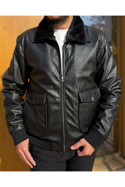 Avni Ceylan Fur Collar Modern Men's Leather Coat