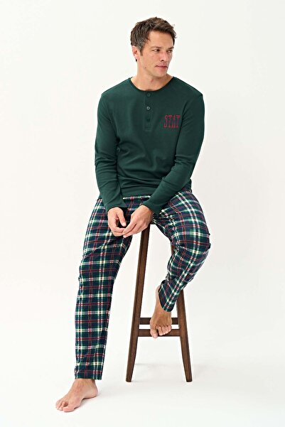 REMSA Ανδρικό σετ πιτζάμες με μακρυμάνικο χτενισμένο βαμβάκι 2250 Bitter Green