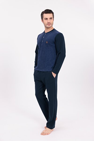BLACKMORE Men's Blue Jacquard Winter Long Sleeve Cotton Men's Pajama Set