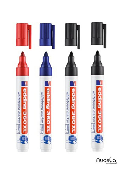 Edding 360 XL Doldurulabilir Beyaz Tahta Kalemi 4'lü Set (2 Siyah, 1 Kırmızı,...