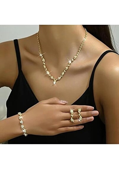 shopidik Sparkling Zircon Stone Gold Color Flower Branch Design Jewelry Set