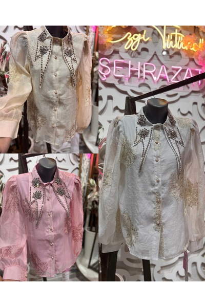 ŞEHRAZAT BUTİK Stylish Shirt with Stone Detail on the Collar