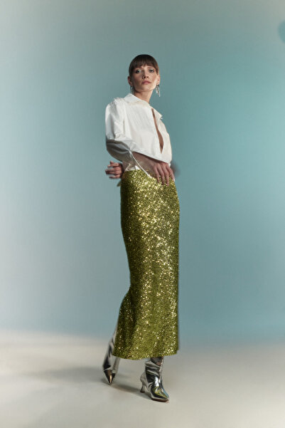 AtölyeNo:6 Lara Vegan Deri Kemerli Yeşil Payet Kalem Etek