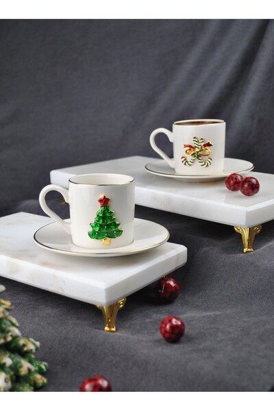 Qualitev 2-Person New Year Decorated Porcelain Coffee Cup Set 90 ml New Year 4 Pieces