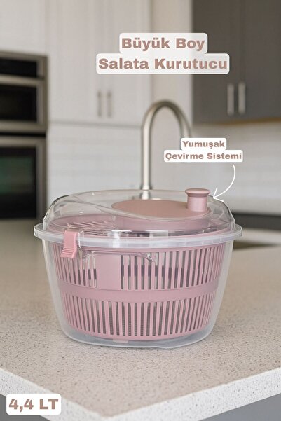 Funny Life Büyük Boy Salata Kurutucu - Pratik, Kolay Çevirme Meyve Sebze Yeşillik Yıkama Kurutma Kabı 4,4 LT