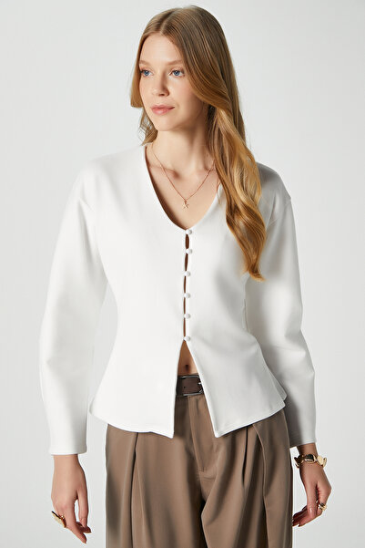 Ritnice Women's Osea Premium Fitted Ecru Stylish Button Detail Peplum Blouse