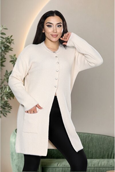 İmran Triko Knee Length Beard (Soft) Yarn Jacket - Two-Pocket Knitwear Sweater New Season Elegance