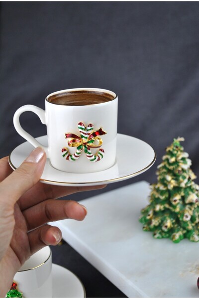 Qualitev 2-Person New Year Decorated Porcelain Coffee Cup Set 90 ml New Year 4 Pieces