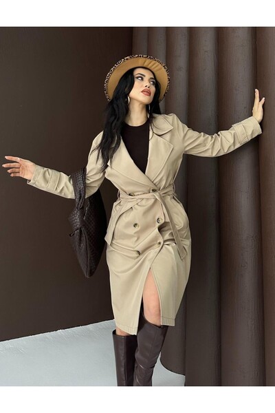 CyRo Women's Bondit Fabric Button Detailed Belted Trench Coat