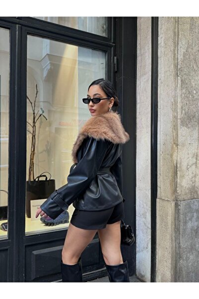 Bak'ap Premium Trend Viral δερμάτινο μπουφάν με γούνινο γιακά με κορδόνια