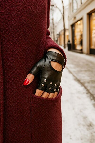 ibeeka قفازات جلدية سوداء مقطوعة