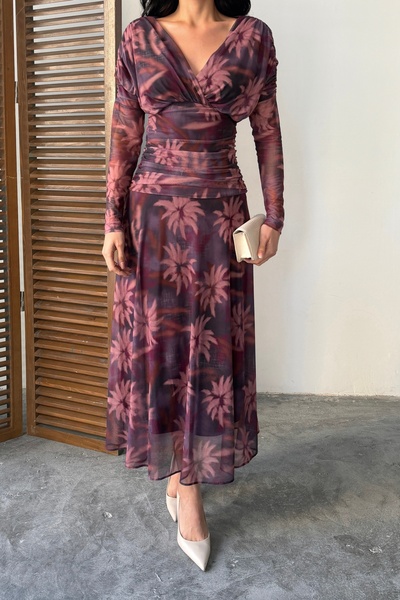 Butik DRAPE DETAY DESENLİ Tül Maxi elbise