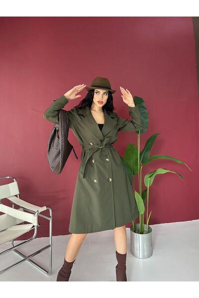 CyRo Women's Bondit Fabric Button Detailed Belted Trench Coat