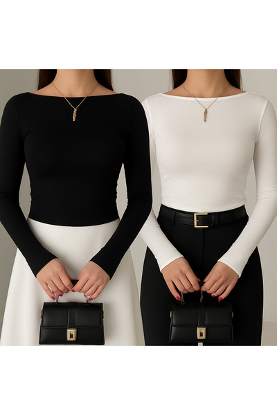 fayora Black and White Boat Neck Finger-Looped Stretchy Bodysuit Blouse