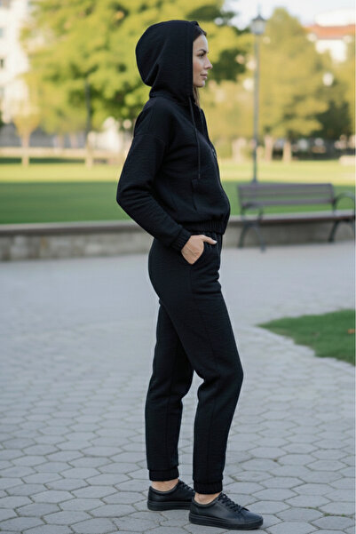 YusGos Women's Zippered Stretch Fabric Modal Fabric Embossed Patterned Hooded High Quality Slim Tracksuit Set