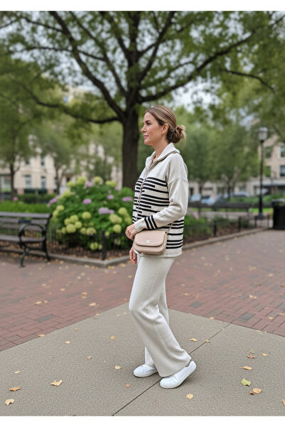 YusGos Women's Stripe Detailed Bottom Top Pants Sweater Knitwear Set