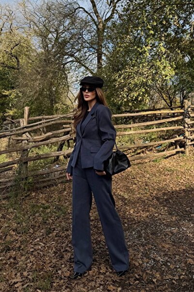 Laluvia Navy Blue Single Button Jacket Pants Set - 9480