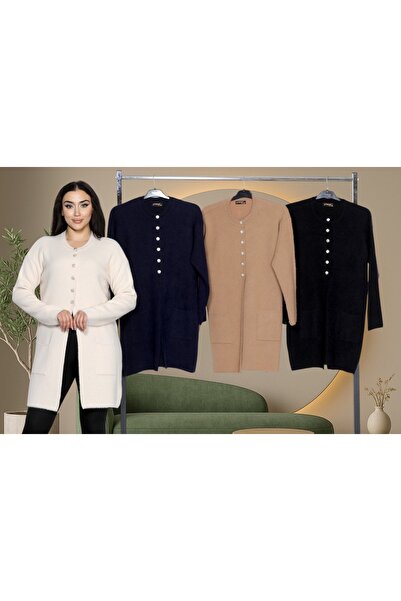 İmran Triko Knee Length Beard (Soft) Yarn Jacket - Two-Pocket Knitwear Sweater New Season Elegance