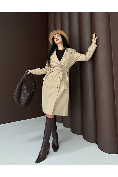 CyRo Women's Bondit Fabric Button Detailed Belted Trench Coat