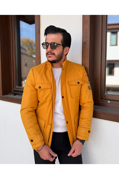 Avni Ceylan Men's Mustard Quilted Lined Slim Fit Coat