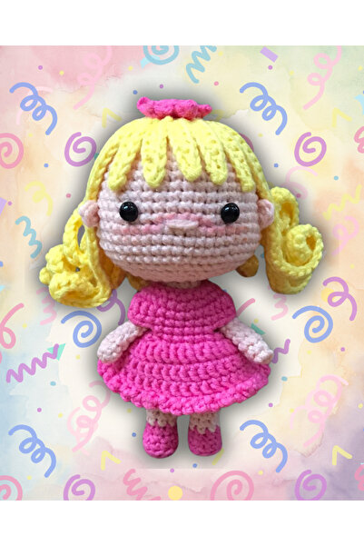 HeraLuxe %100 Organik El Örgüsü Pembe Elbiseli Tokalı Prenses Bebek Amigurumi...
