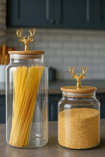 Jenisa 2-Piece Gold Metal Deer Figured Glass Jar with Bamboo Lid – Storage Container 1400ml + 890 ml