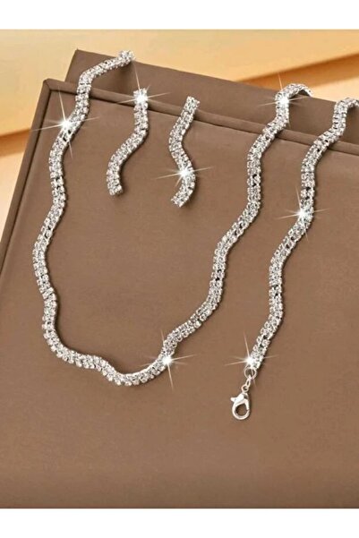 shopidik Stylish and Modern Wave Pattern Zircon Jewelry Set