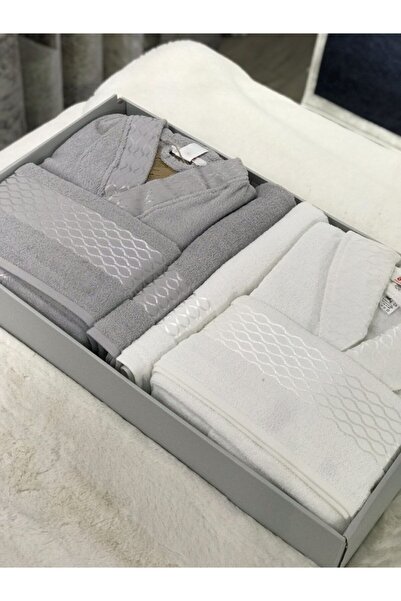 Özdilek Elissa Aile Bornoz Seti - Gri Beyaz