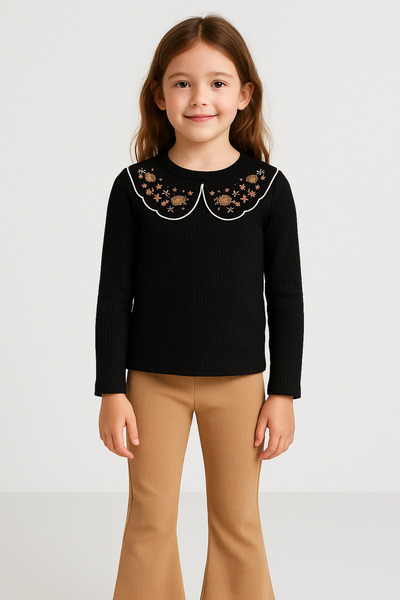 mini kanka 4-12 Years Old Girls' Embroidery Detailed Collared Ribbed Top & Corded Fabric Flare Leggings Set 2-Piece Set 4 Pieces