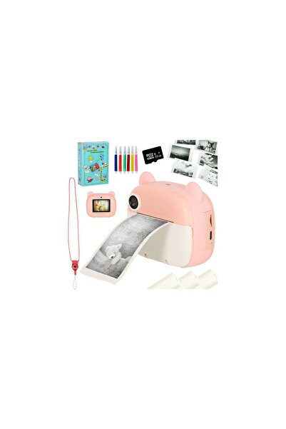 Three top online Cameră instantanee cu imprimantă termică, card SD de 32 GB, roz (model ursuleț de pluș)