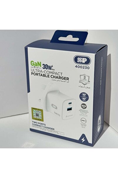 SP 30W wall charger with USB and Type-C ports, supports fast charging, white