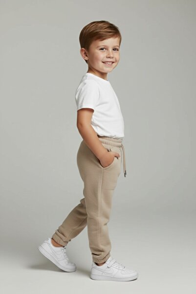 Hirazenmoda Unisex Children's Basic 3 Thread Fleece-Lined Thick Jogger Sweatpants with Elasticated Legs