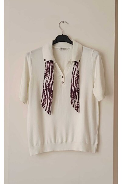 JM Women's Scarf Detailed Stretchy Polo Neck Short Sleeve Knitwear Blouse