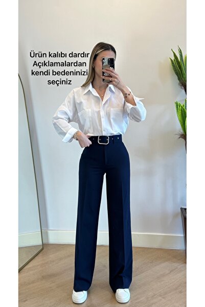 ADELLA BUTİK Kadın Lacivert Şık Kemerli Palazzo Kumaş Pantolon(Dar Kalıp)