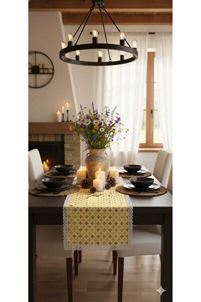 Rona Home Luxury Runner Yellow Star Patterned Lace Stylish Decorative Table Runner (Runner)