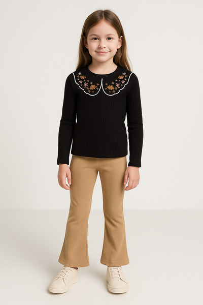 mini kanka 4-12 Years Old Girls' Embroidery Detailed Collared Ribbed Top & Corded Fabric Flare Leggings Set 2-Piece Set 4 Pieces