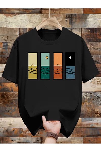 Trendy Sun تي شيرت عصري بطباعة الشمس والتموجات البسيطة، تي شيرت رجالي بتصميم ...