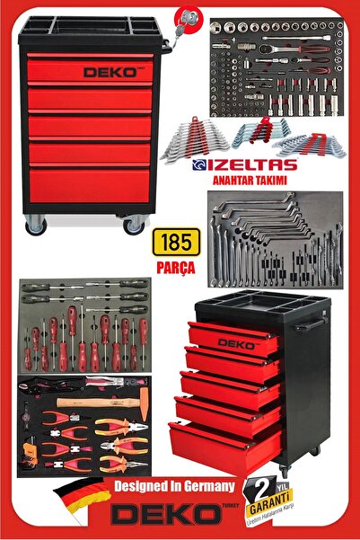 DEKO TURKEY XL TREND İZELTAŞ SERİ 5 Çekmeceli İçi Dolu 185 PARÇA Full Set Alet Dolabı Atölye Usta Takım Arabası